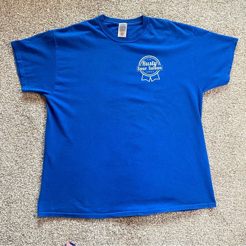 Vintage Rusty Spur Saloon Tee, XL, Blue & White Beer Merch Old West Graphic EUC
